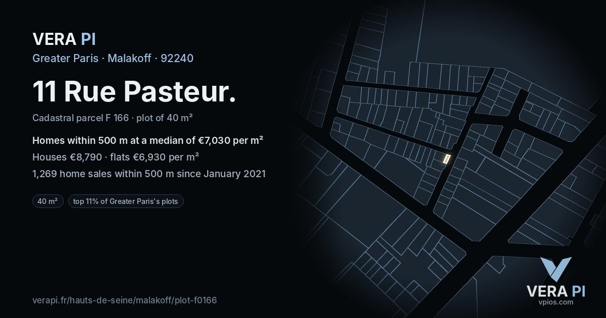 11 Rue Pasteur, Malakoff at night – the plot lit, the parcels around coloured by the prices near them