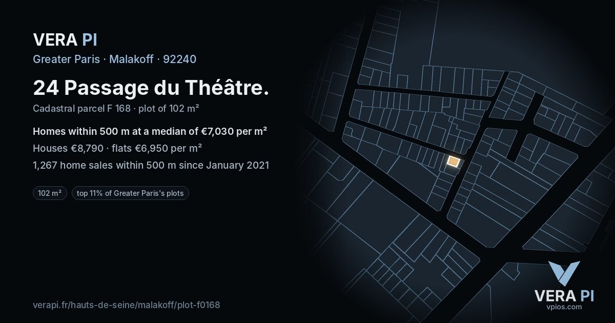 24 Passage du Théâtre, Malakoff at night – the plot lit, the parcels around coloured by the prices near them