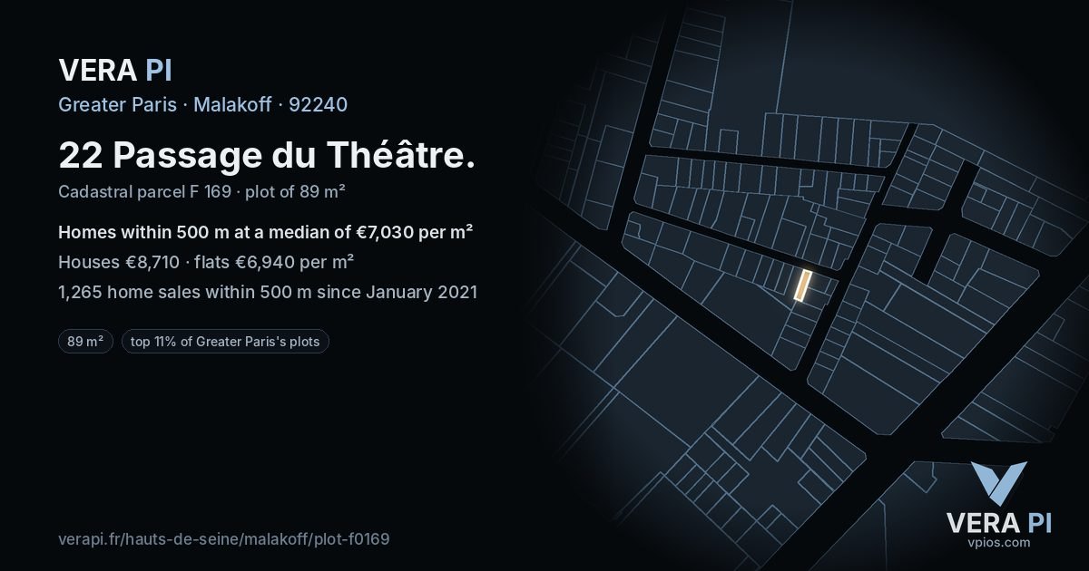 22 Passage du Théâtre, Malakoff at night – the plot lit, the parcels around coloured by the prices near them