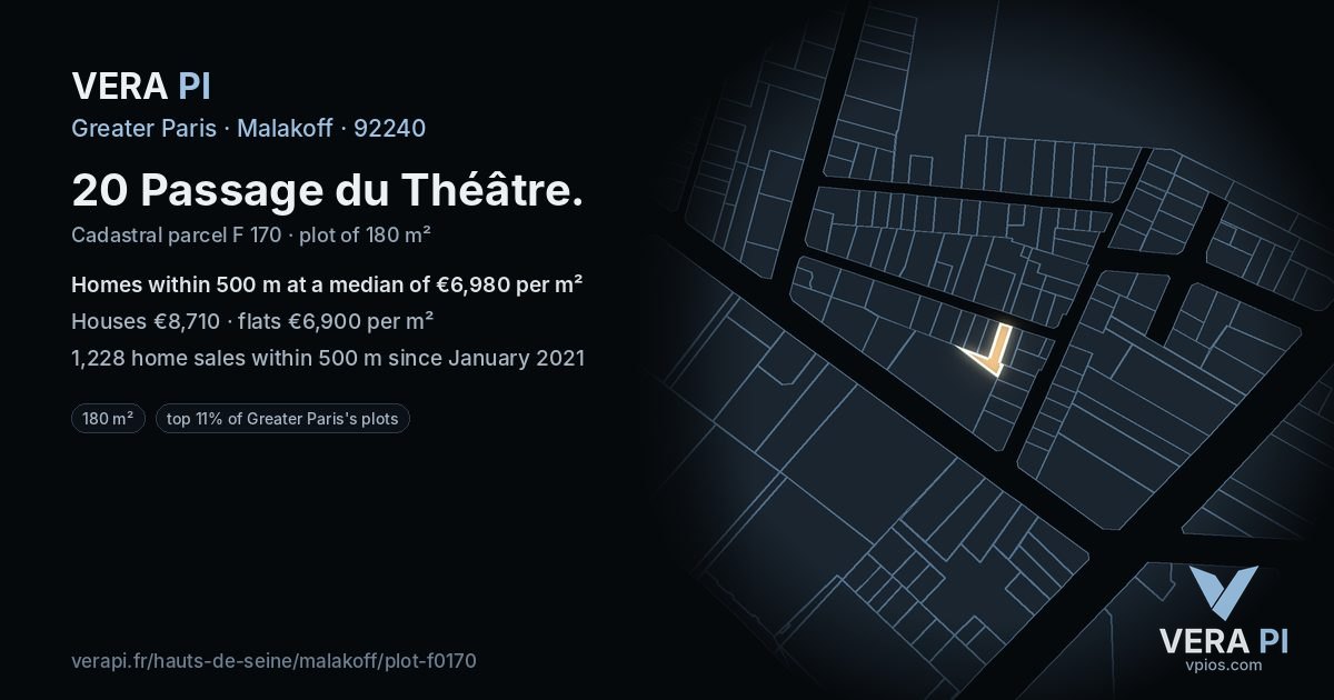 20 Passage du Théâtre, Malakoff at night – the plot lit, the parcels around coloured by the prices near them