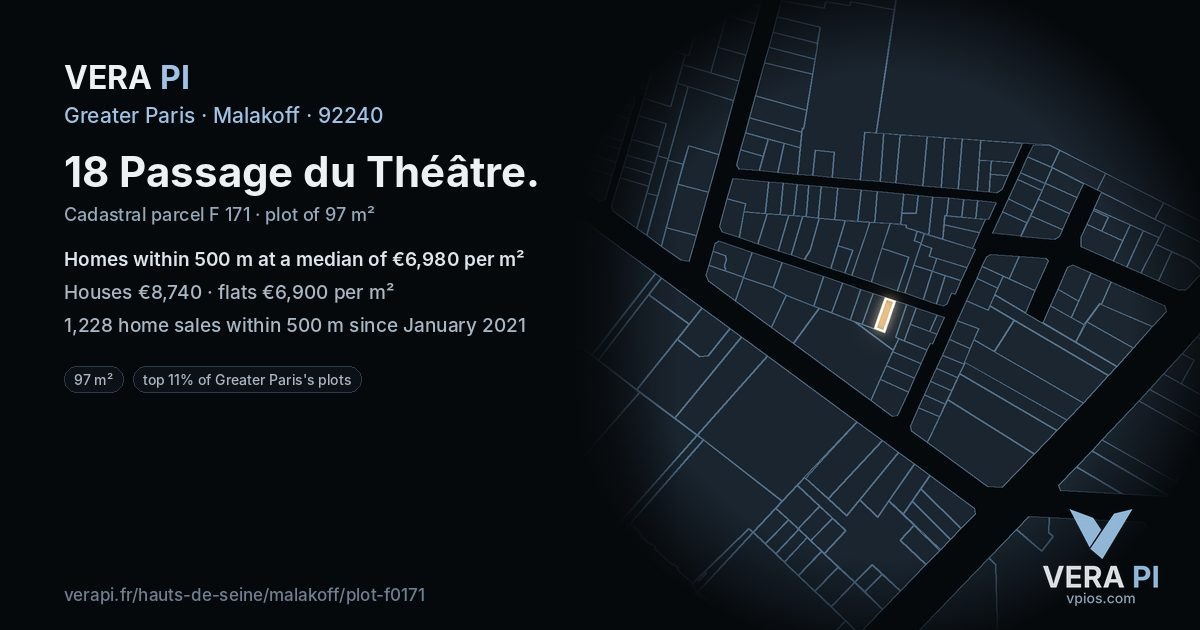 18 Passage du Théâtre, Malakoff at night – the plot lit, the parcels around coloured by the prices near them