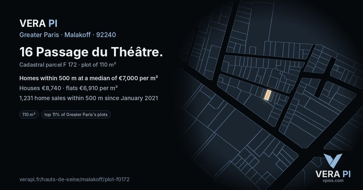 16 Passage du Théâtre, Malakoff at night – the plot lit, the parcels around coloured by the prices near them