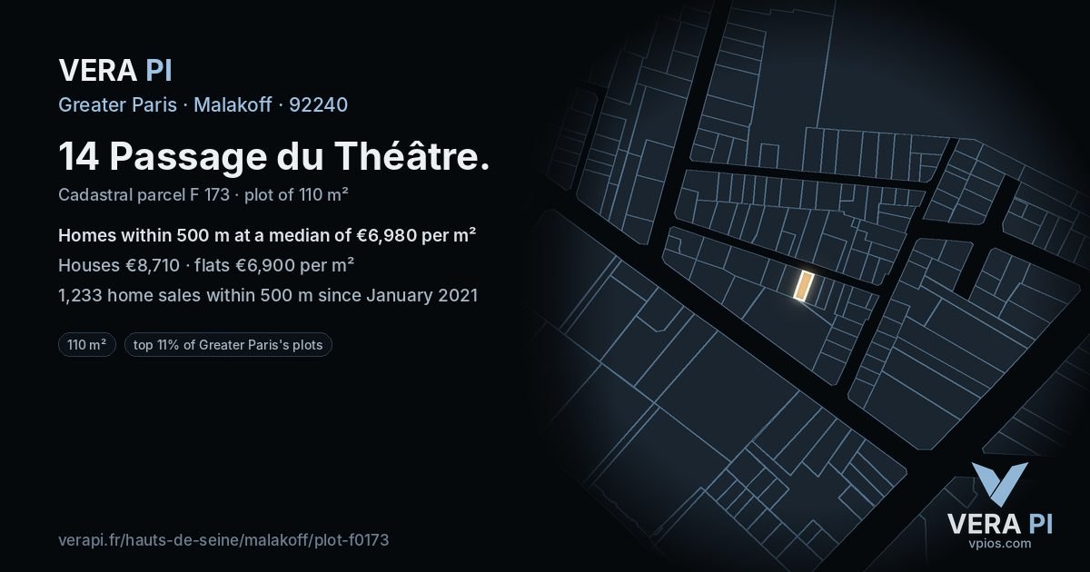 14 Passage du Théâtre, Malakoff at night – the plot lit, the parcels around coloured by the prices near them