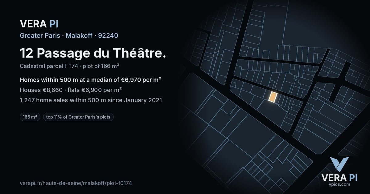12 Passage du Théâtre, Malakoff at night – the plot lit, the parcels around coloured by the prices near them