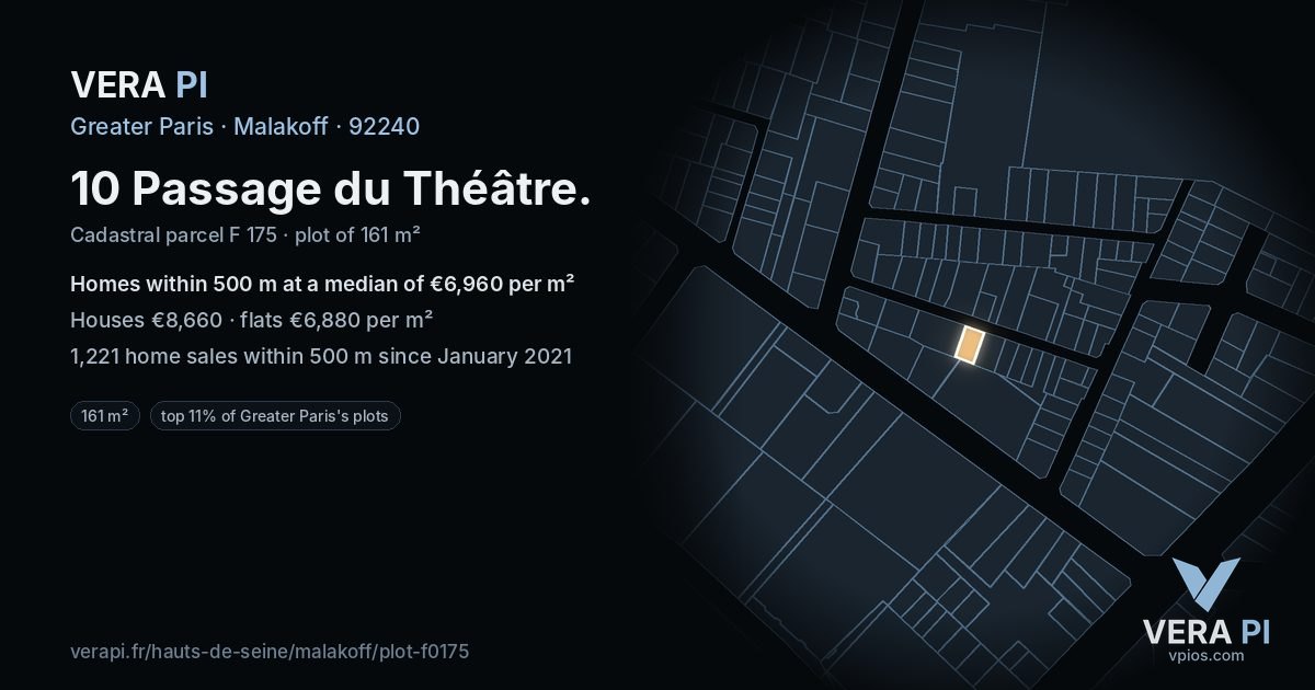 10 Passage du Théâtre, Malakoff at night – the plot lit, the parcels around coloured by the prices near them