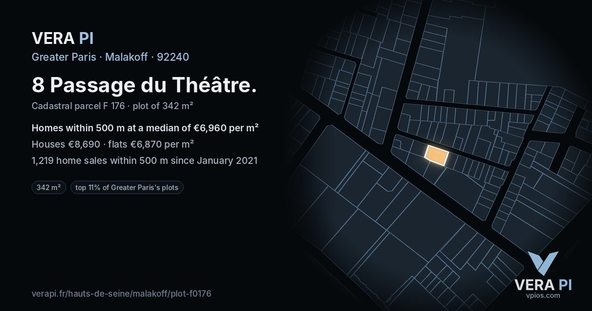 8 Passage du Théâtre, Malakoff at night – the plot lit, the parcels around coloured by the prices near them