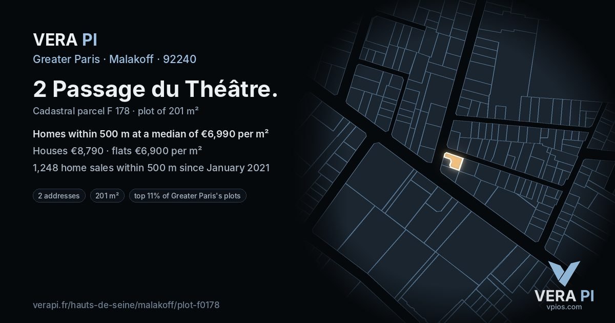 2 Passage du Théâtre, Malakoff at night – the plot lit, the parcels around coloured by the prices near them