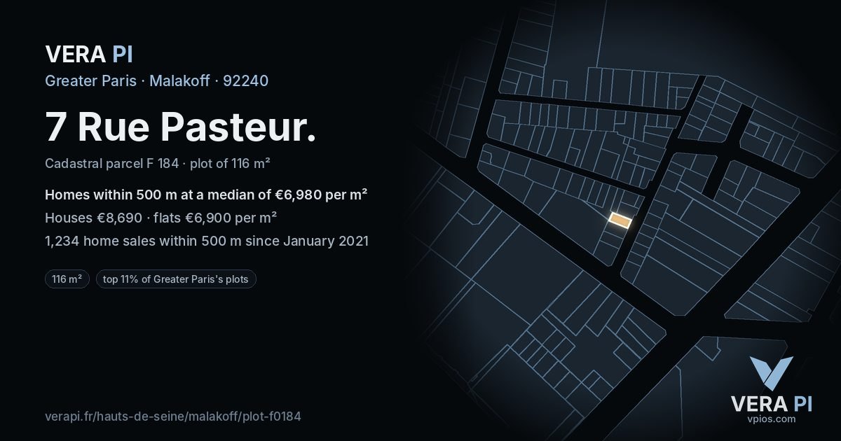 7 Rue Pasteur, Malakoff at night – the plot lit, the parcels around coloured by the prices near them