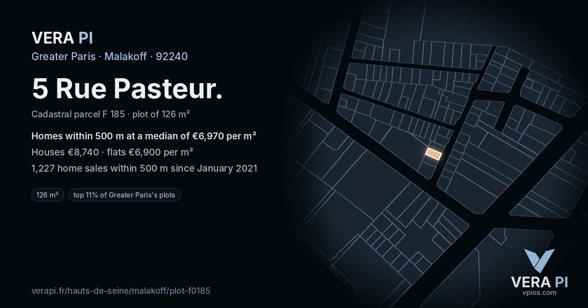 5 Rue Pasteur, Malakoff at night – the plot lit, the parcels around coloured by the prices near them