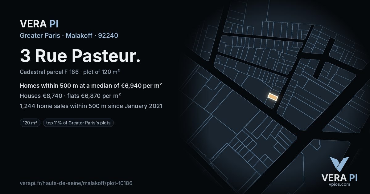 3 Rue Pasteur, Malakoff at night – the plot lit, the parcels around coloured by the prices near them