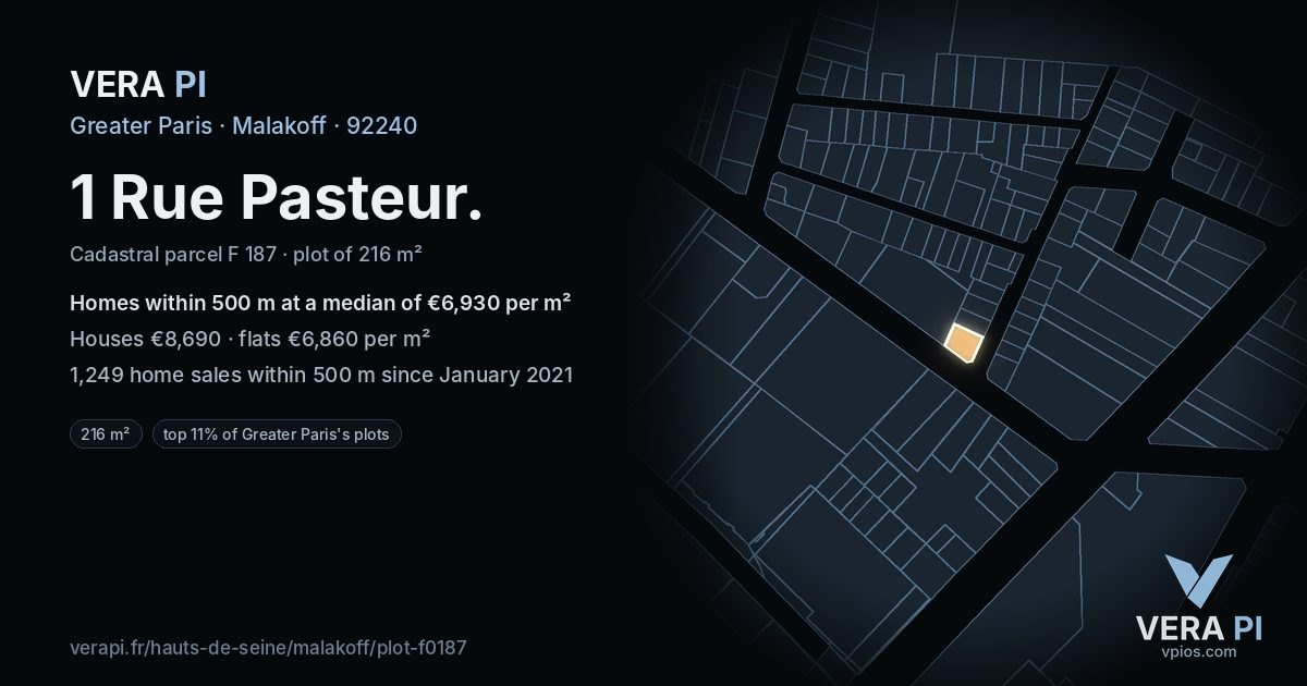 1 Rue Pasteur, Malakoff at night – the plot lit, the parcels around coloured by the prices near them