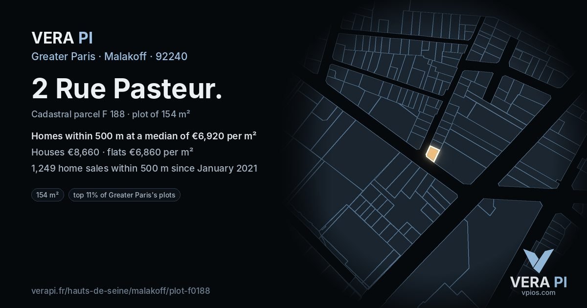 2 Rue Pasteur, Malakoff at night – the plot lit, the parcels around coloured by the prices near them