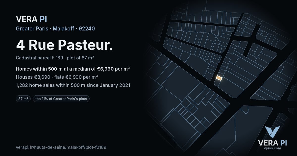4 Rue Pasteur, Malakoff at night – the plot lit, the parcels around coloured by the prices near them