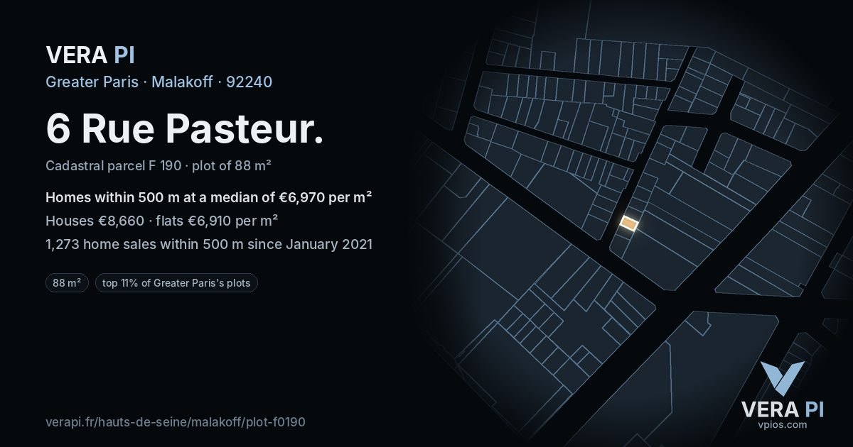 6 Rue Pasteur, Malakoff at night – the plot lit, the parcels around coloured by the prices near them