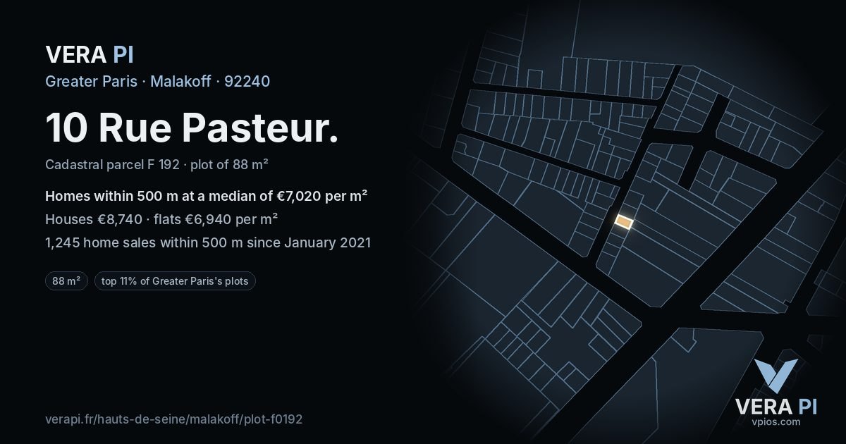 10 Rue Pasteur, Malakoff at night – the plot lit, the parcels around coloured by the prices near them