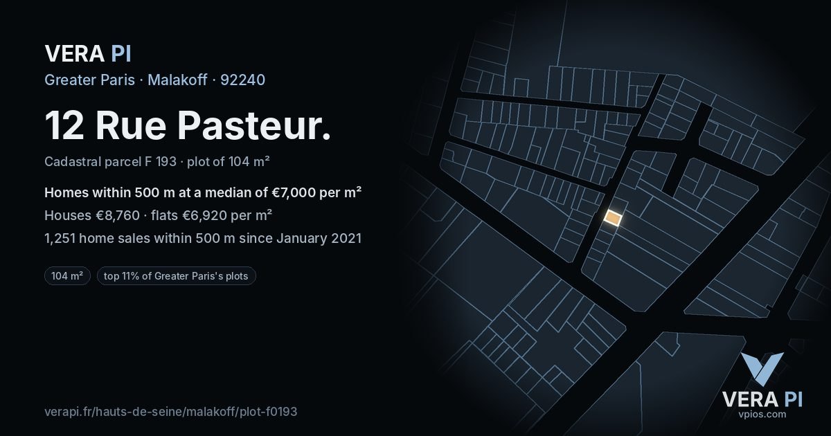 12 Rue Pasteur, Malakoff at night – the plot lit, the parcels around coloured by the prices near them