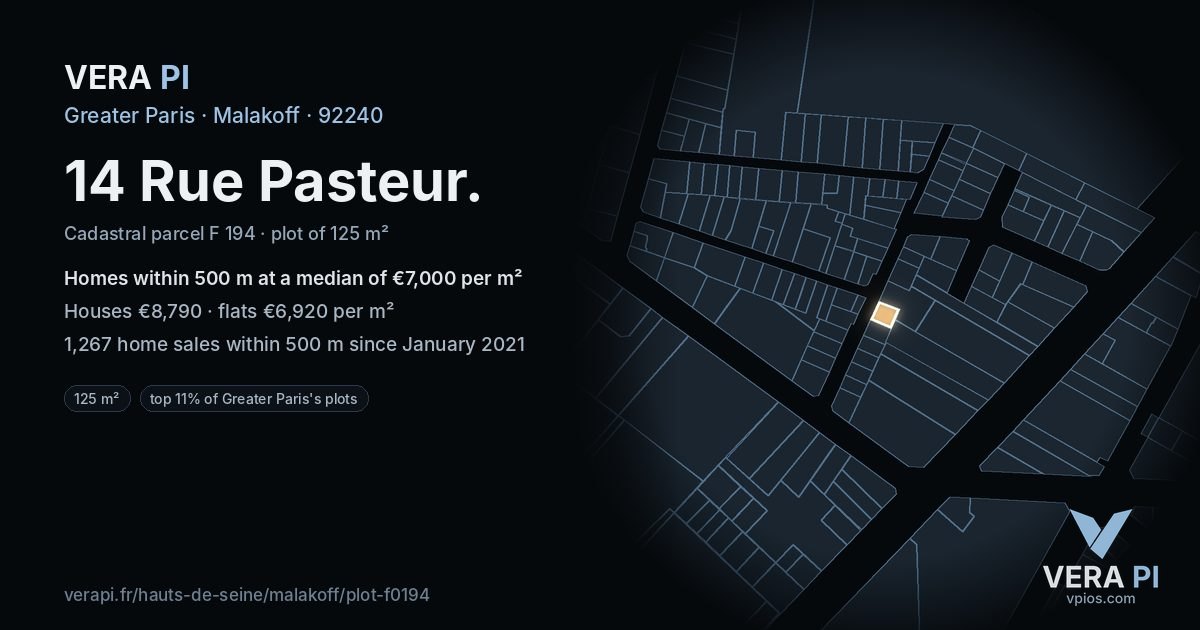 14 Rue Pasteur, Malakoff at night – the plot lit, the parcels around coloured by the prices near them