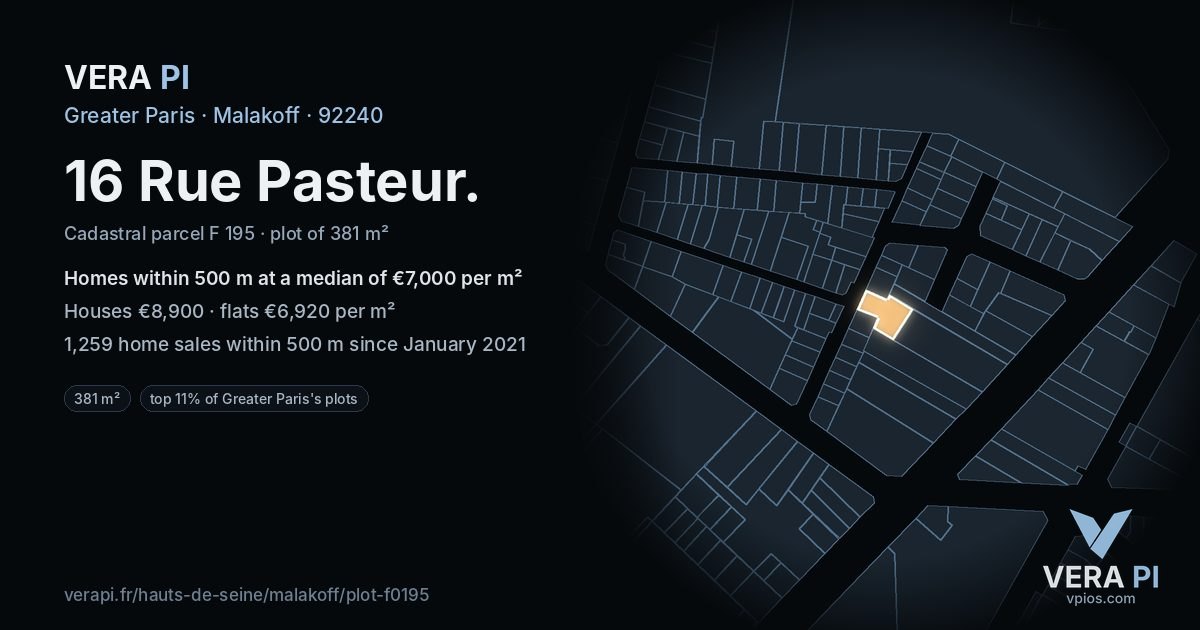 16 Rue Pasteur, Malakoff at night – the plot lit, the parcels around coloured by the prices near them