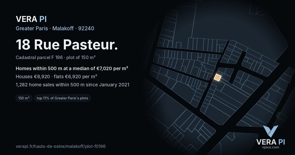 18 Rue Pasteur, Malakoff at night – the plot lit, the parcels around coloured by the prices near them
