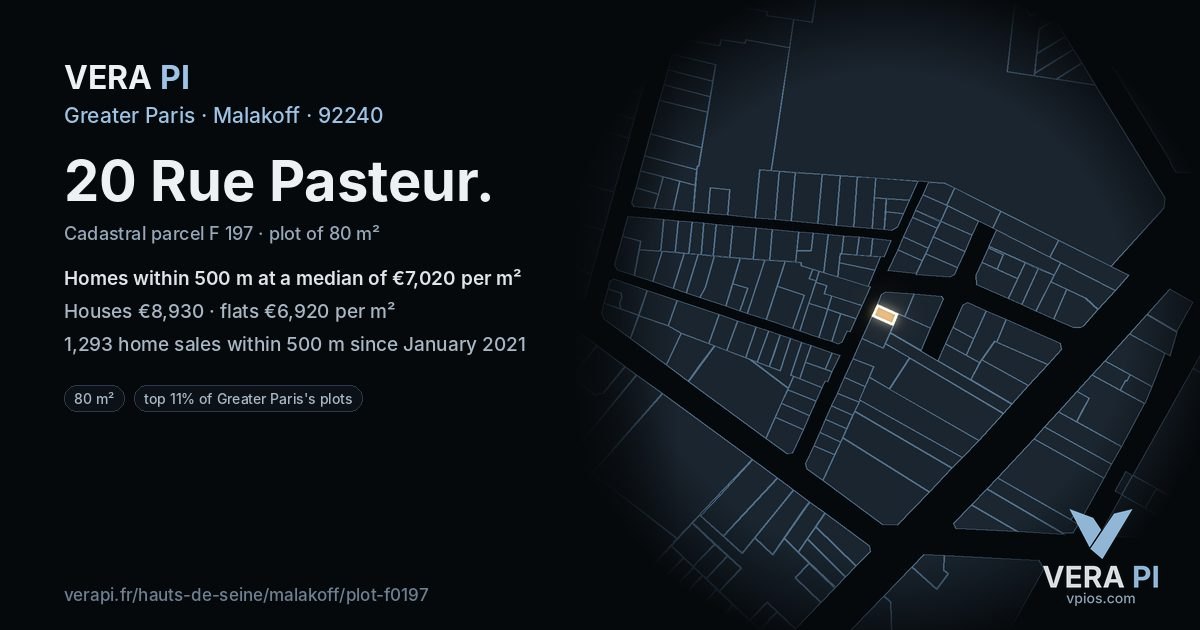 20 Rue Pasteur, Malakoff at night – the plot lit, the parcels around coloured by the prices near them