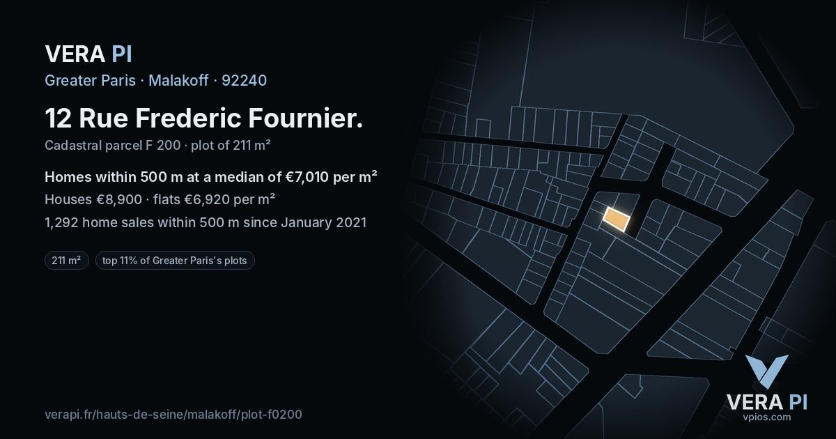 12 Rue Frederic Fournier, Malakoff at night – the plot lit, the parcels around coloured by the prices near them