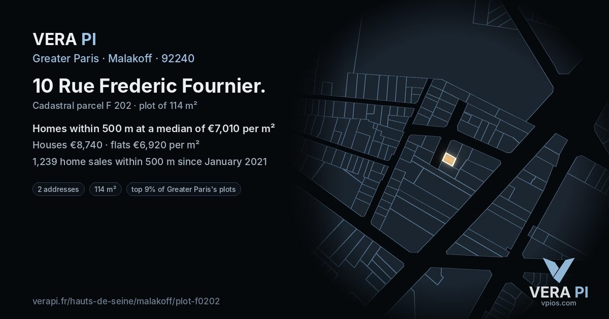 10 Rue Frederic Fournier, Malakoff at night – the plot lit, the parcels around coloured by the prices near them