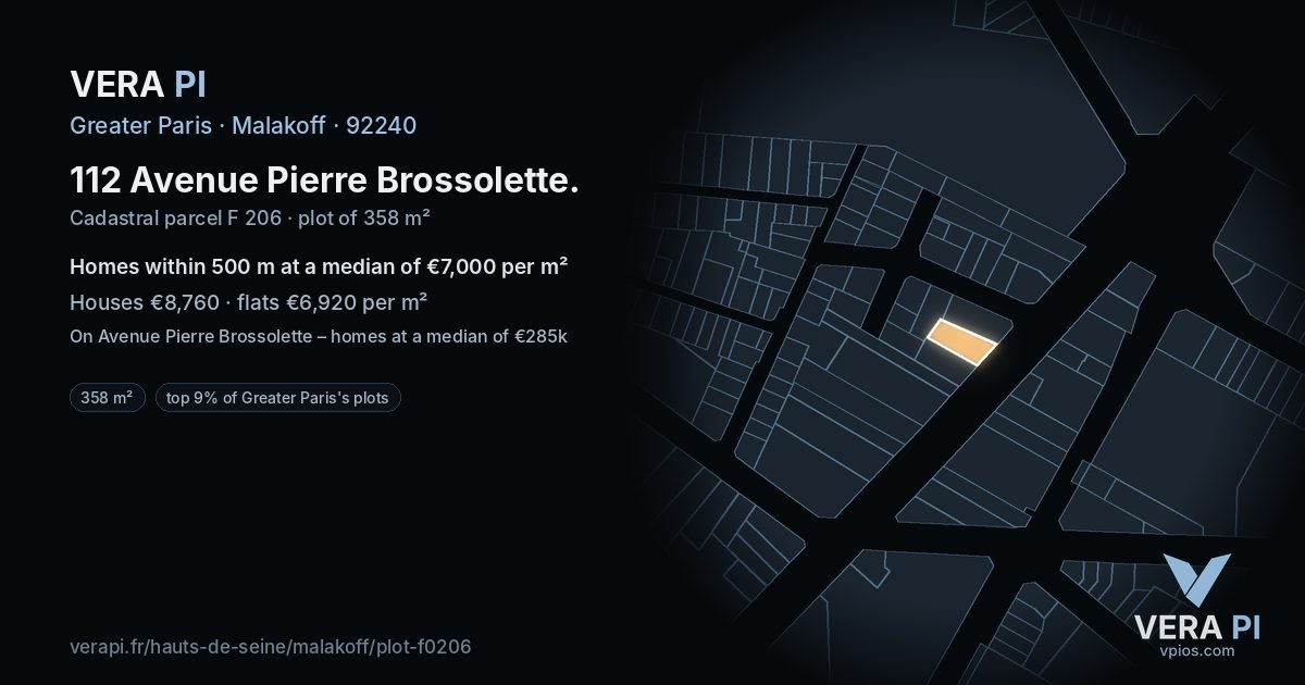 112 Avenue Pierre Brossolette, Malakoff at night – the plot lit, the parcels around coloured by the prices near them