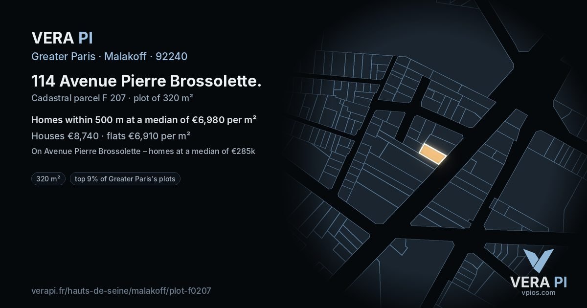 114 Avenue Pierre Brossolette, Malakoff at night – the plot lit, the parcels around coloured by the prices near them