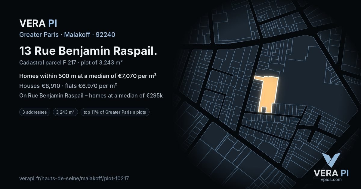 13 Rue Benjamin Raspail, Malakoff at night – the plot lit, the parcels around coloured by the prices near them