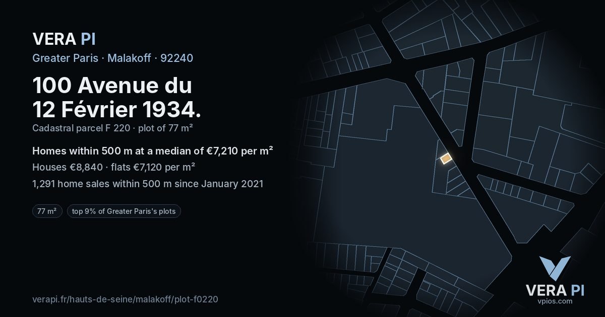 100 Avenue du 12 Février 1934, Malakoff at night – the plot lit, the parcels around coloured by the prices near them