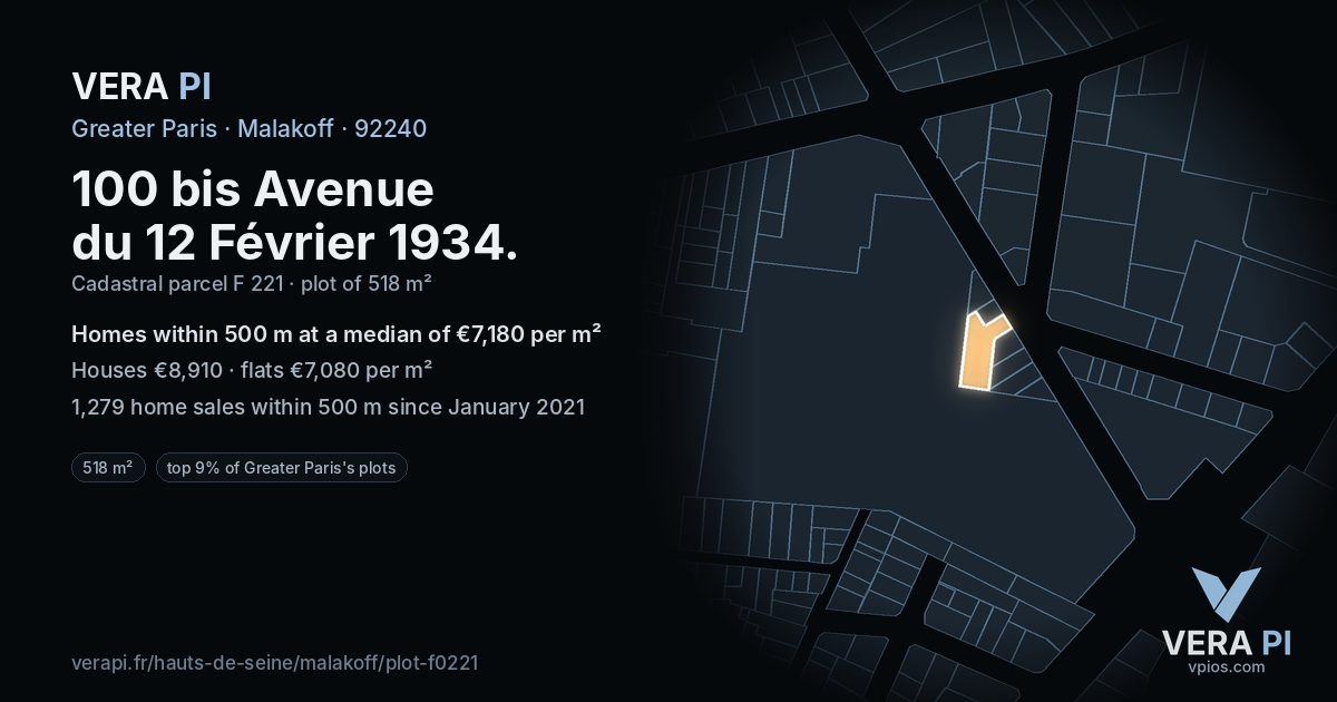 100 bis Avenue du 12 Février 1934, Malakoff at night – the plot lit, the parcels around coloured by the prices near them