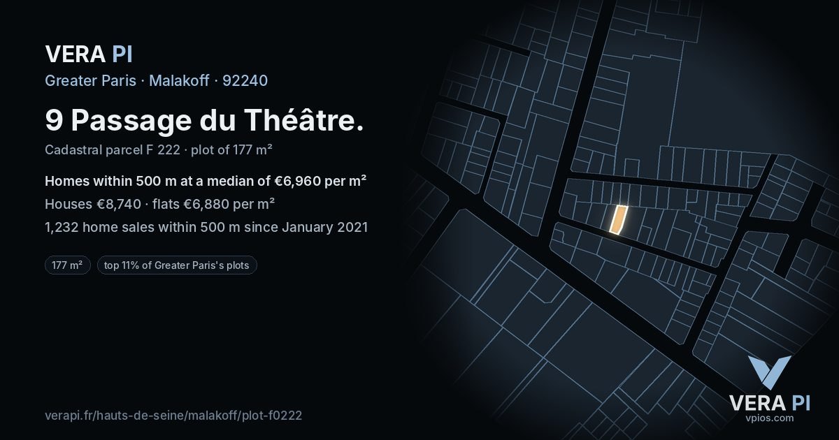 9 Passage du Théâtre, Malakoff at night – the plot lit, the parcels around coloured by the prices near them