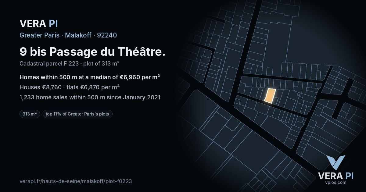 9 bis Passage du Théâtre, Malakoff at night – the plot lit, the parcels around coloured by the prices near them