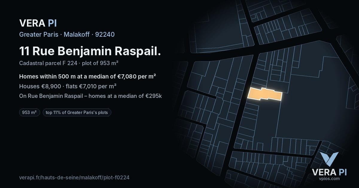 11 Rue Benjamin Raspail, Malakoff at night – the plot lit, the parcels around coloured by the prices near them