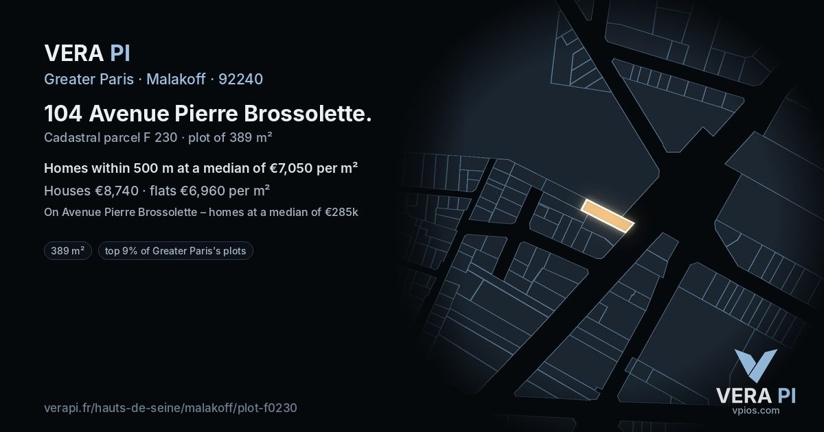 104 Avenue Pierre Brossolette, Malakoff at night – the plot lit, the parcels around coloured by the prices near them