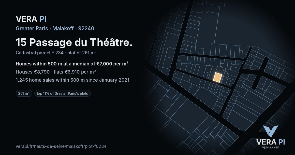 15 Passage du Théâtre, Malakoff at night – the plot lit, the parcels around coloured by the prices near them
