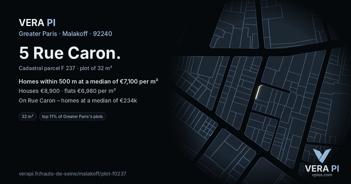 5 Rue Caron, Malakoff at night – the plot lit, the parcels around coloured by the prices near them