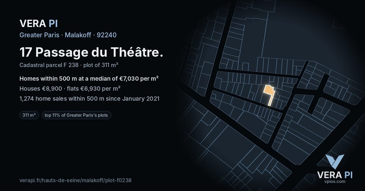 17 Passage du Théâtre, Malakoff at night – the plot lit, the parcels around coloured by the prices near them