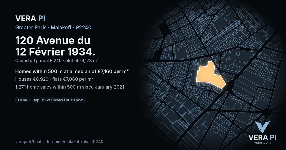 120 Avenue du 12 Février 1934, Malakoff at night – the plot lit, the parcels around coloured by the prices near them