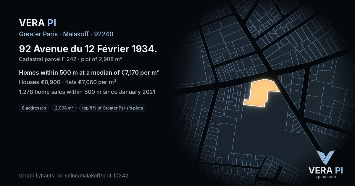 92 Avenue du 12 Février 1934, Malakoff at night – the plot lit, the parcels around coloured by the prices near them