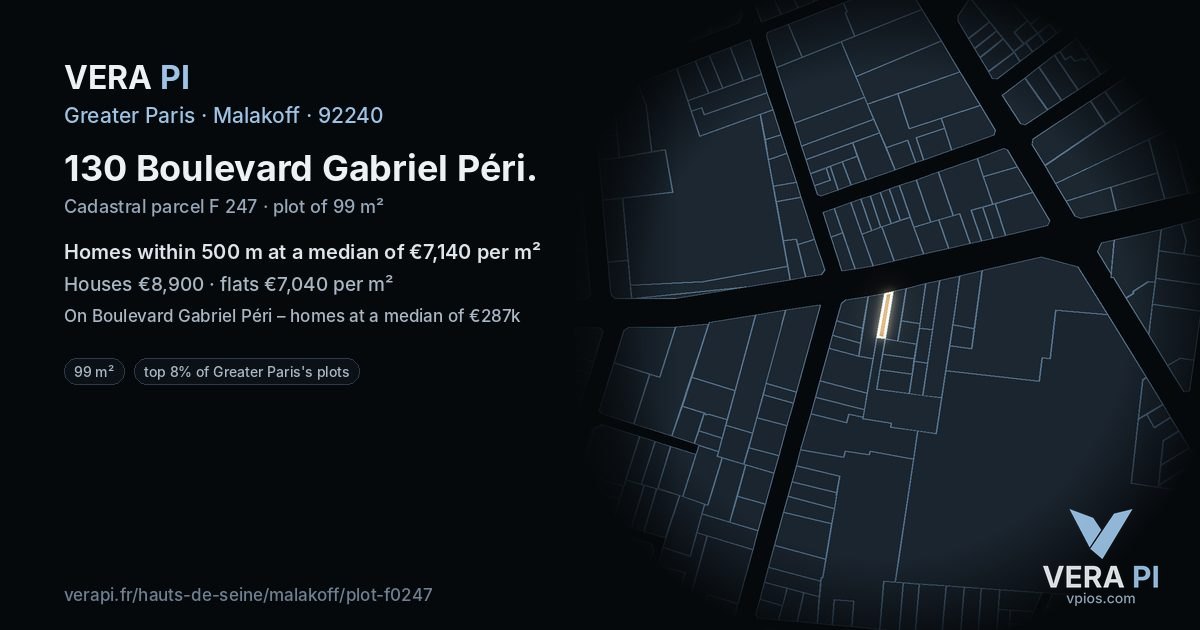 130 Boulevard Gabriel Péri, Malakoff at night – the plot lit, the parcels around coloured by the prices near them