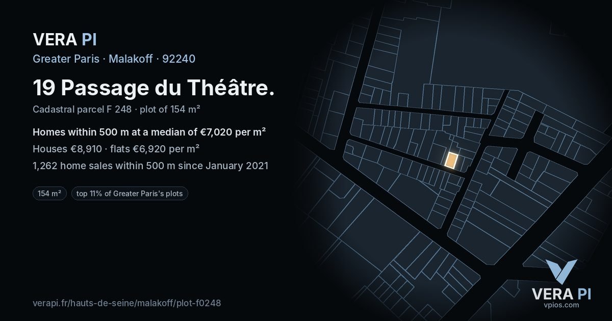 19 Passage du Théâtre, Malakoff at night – the plot lit, the parcels around coloured by the prices near them