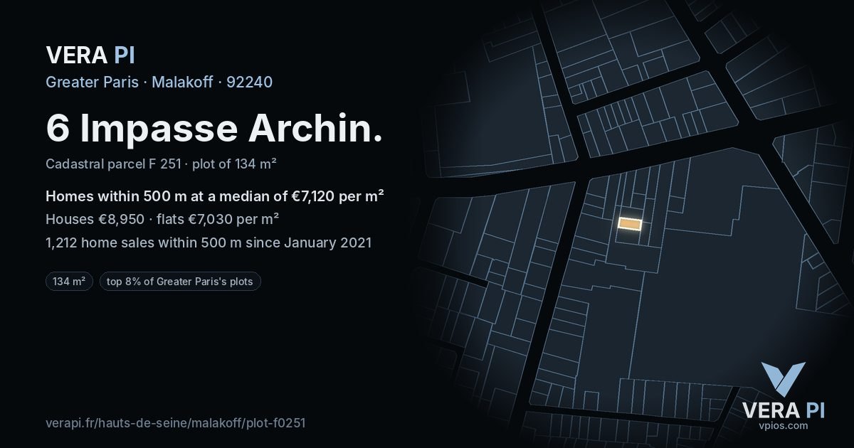 6 Impasse Archin, Malakoff at night – the plot lit, the parcels around coloured by the prices near them