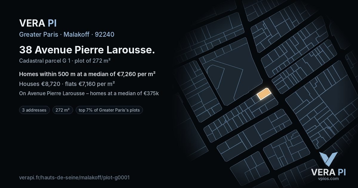 38 Avenue Pierre Larousse, Malakoff at night – the plot lit, the parcels around coloured by the prices near them