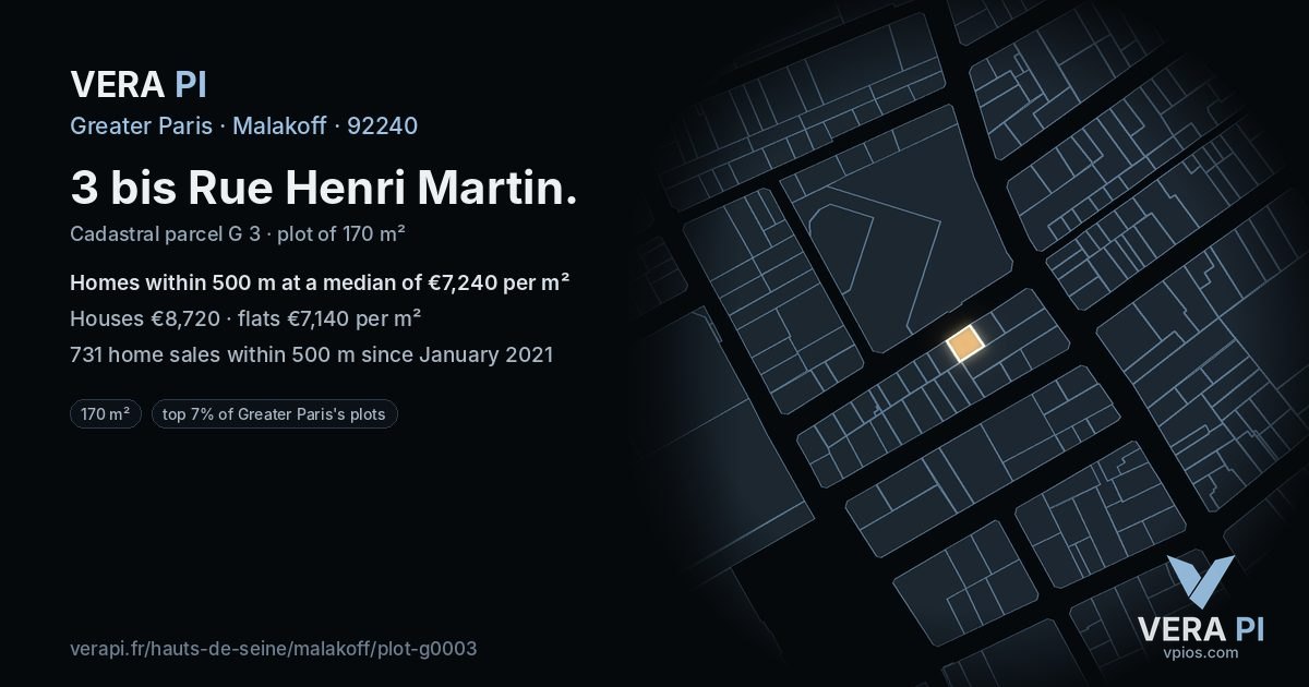 3 bis Rue Henri Martin, Malakoff at night – the plot lit, the parcels around coloured by the prices near them