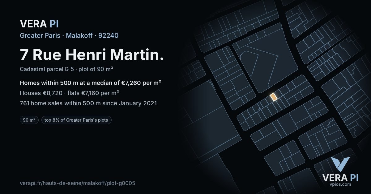 7 Rue Henri Martin, Malakoff at night – the plot lit, the parcels around coloured by the prices near them