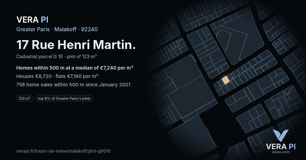 17 Rue Henri Martin, Malakoff at night – the plot lit, the parcels around coloured by the prices near them
