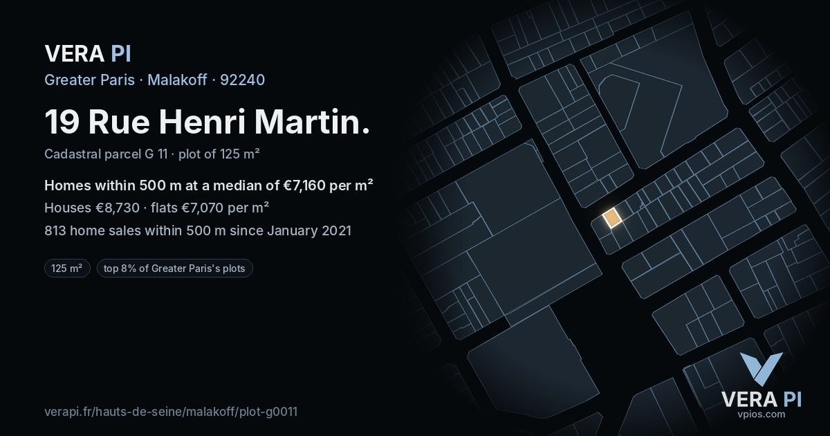 19 Rue Henri Martin, Malakoff at night – the plot lit, the parcels around coloured by the prices near them