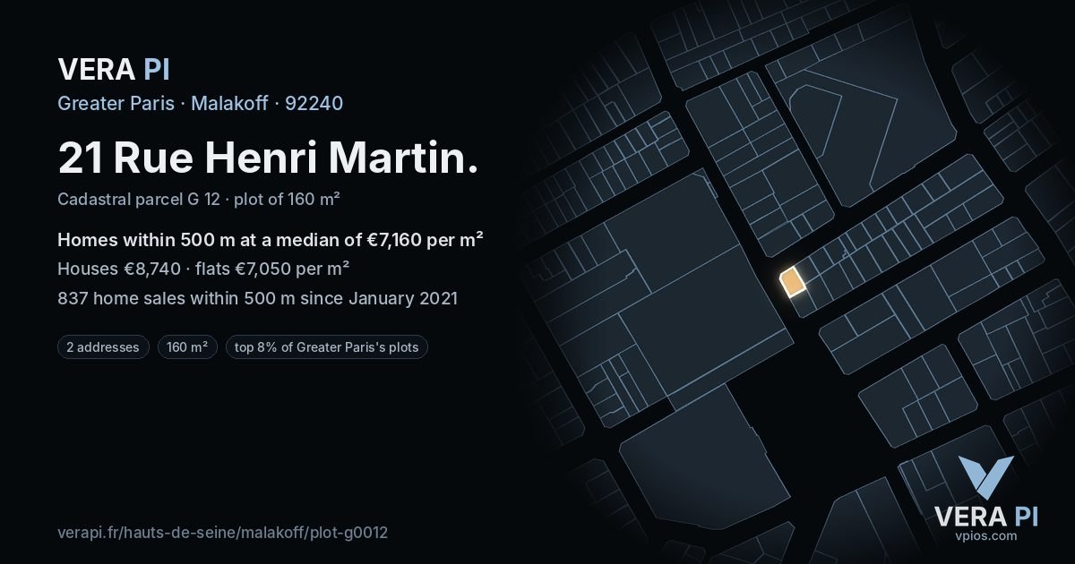 21 Rue Henri Martin, Malakoff at night – the plot lit, the parcels around coloured by the prices near them