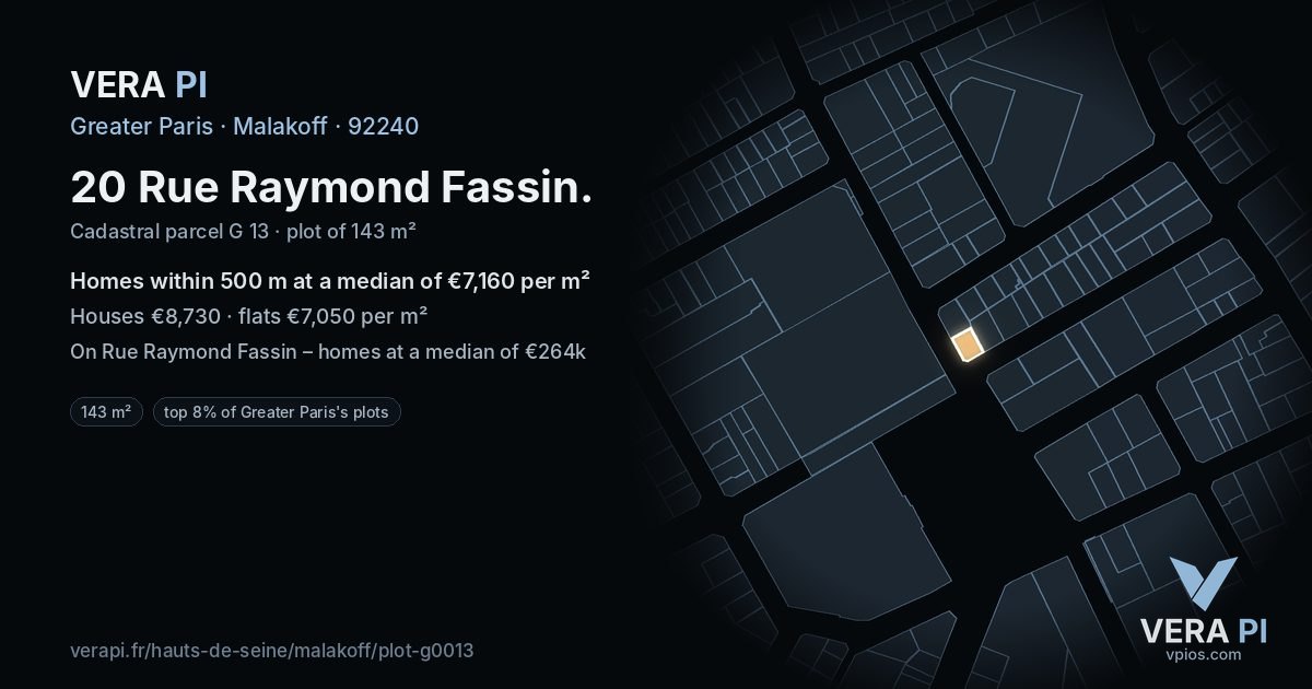 20 Rue Raymond Fassin, Malakoff at night – the plot lit, the parcels around coloured by the prices near them